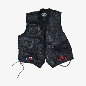 Diamond Plate Buffalo Leather Biker Vest Mens L Patch Lace Side Motorcycle
